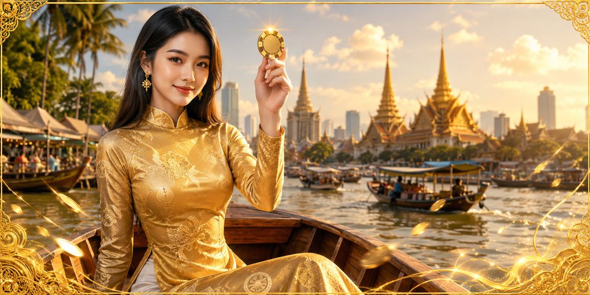Người phụ nữ mặc áo dài vùng Mekong sử dụng ứng dụng casino trên điện thoại bên sông nước