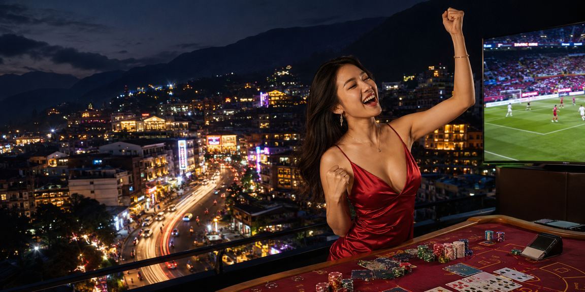 Cảnh đêm Sa Pa với ánh đèn neon và người chơi baccarat trực tuyến qua màn hình di động